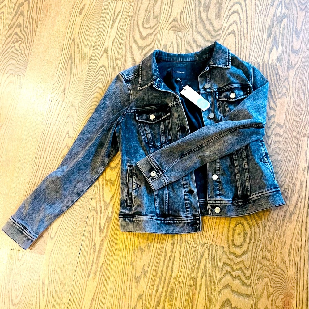 Liverpool size small women’s black weathered stretch jean jacket. New with tags.